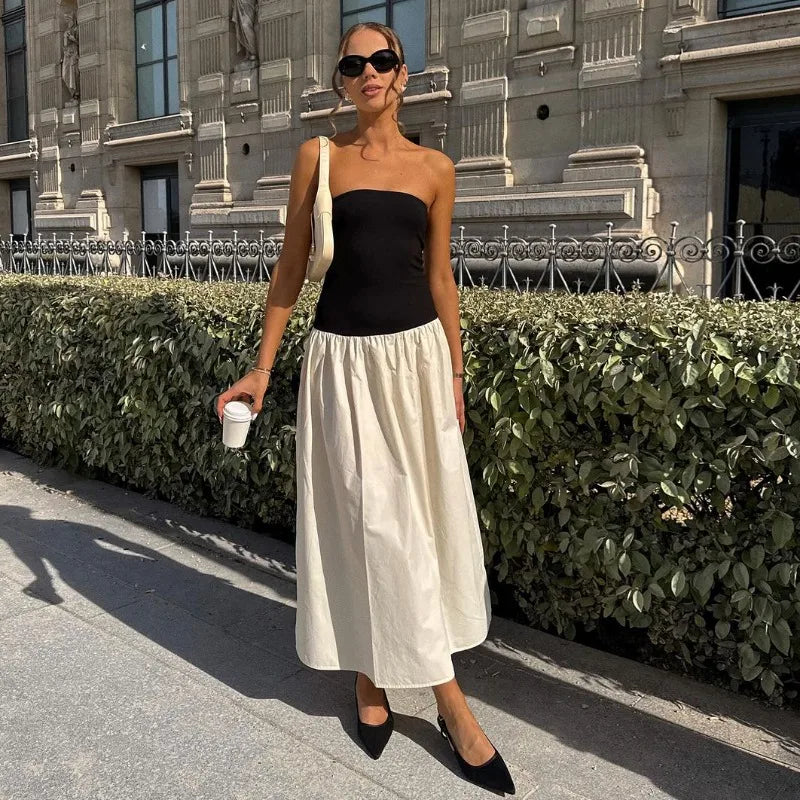 Strapless Colorblock Drop Waist Tube Maxi Dress 3