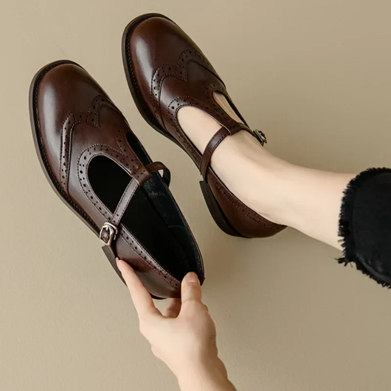 Round Toe Brogue T-Strap Buckle Mary Jane Flats