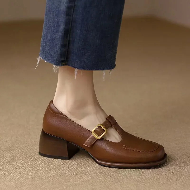 Square Toe T-Strap Buckle Mary Jane Flats
