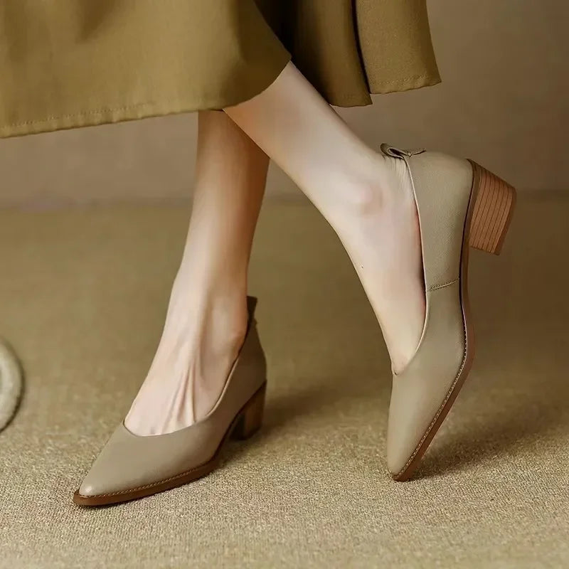 Pointed Toe Block Heel Slip On Pumps