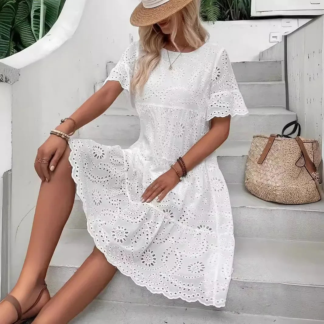 Eyelet Round Neck Flutter Sleeve Tiered Midi Dress 4