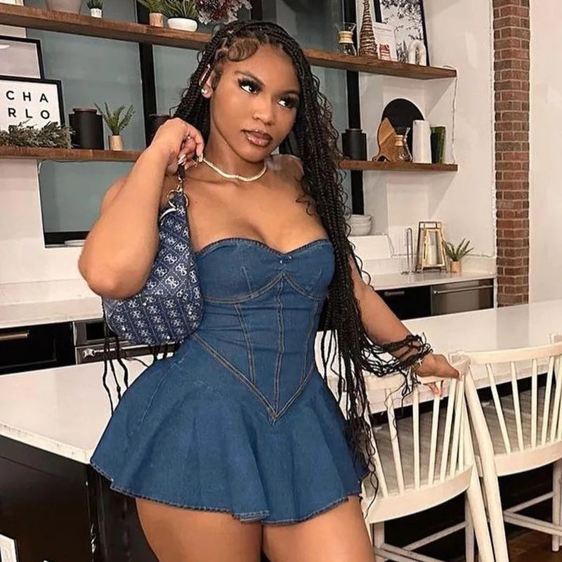 Strapless Denim Corset Sweetheart Pleated Ruffle Mini Dress