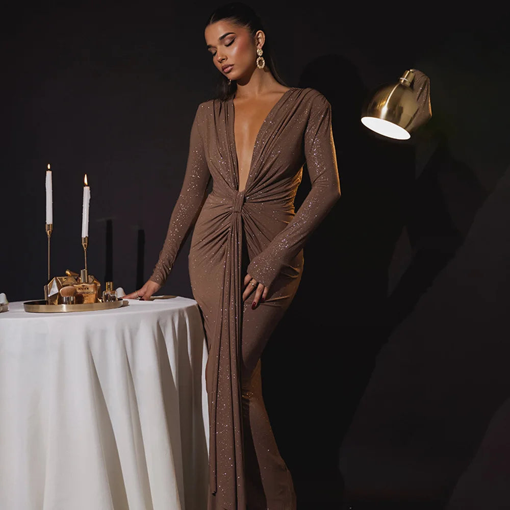 Glitter Deep V-Neck Long Sleeve Twist Front Ruched Maxi Dress 24