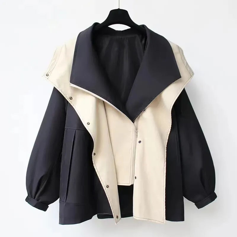 Contrast Collar Button Front Drawstring Windbreaker Jacket