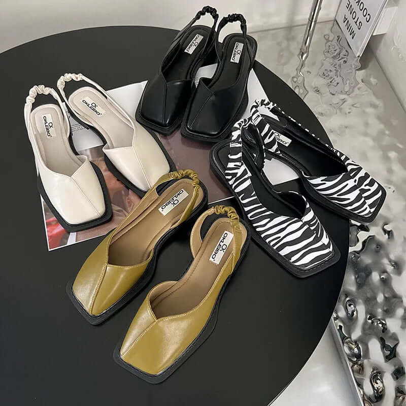 Square Toe Elastic Slingback Flat Sandals
