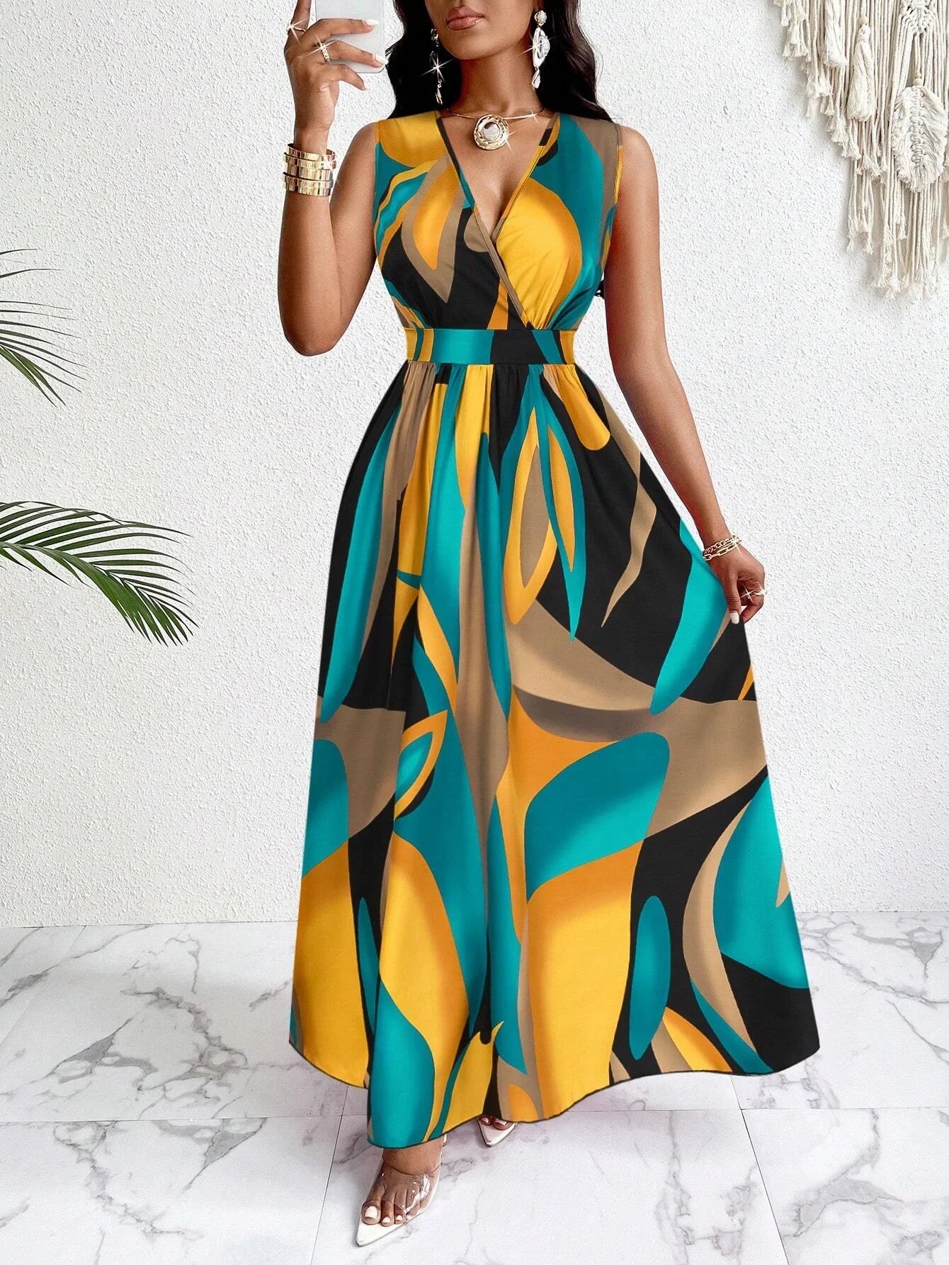 V-Neck Sleeveless Abstract Print Maxi Dress