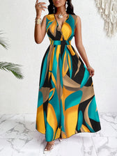 V-Neck Sleeveless Abstract Print Maxi Dress