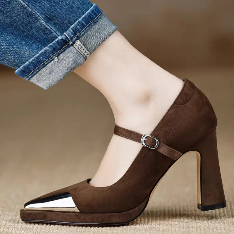 Pointed Toe Metal Cap Ankle Strap Block Heel Pumps