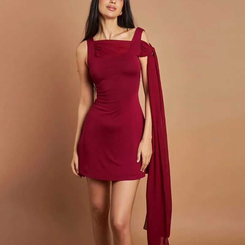 Asymmetrical Neck Sleeveless Chiffon Shoulder Drape A-Line Mini Dress