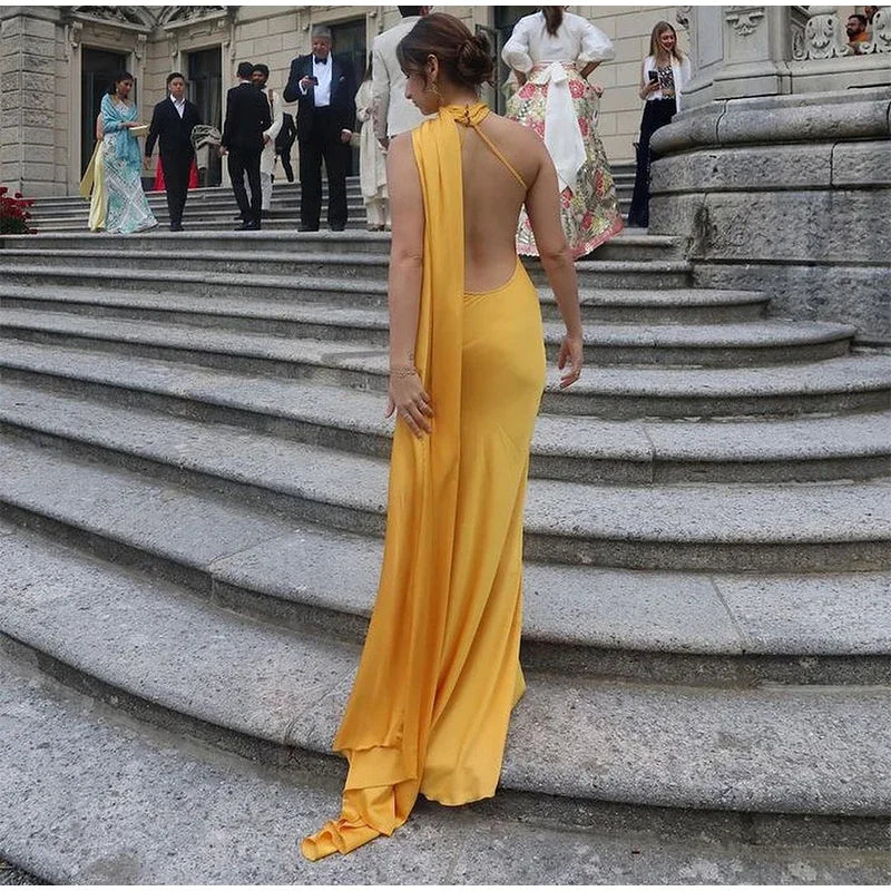 Yellow Satin Backless Lace - Up Off - Shoulder Maxi Dress