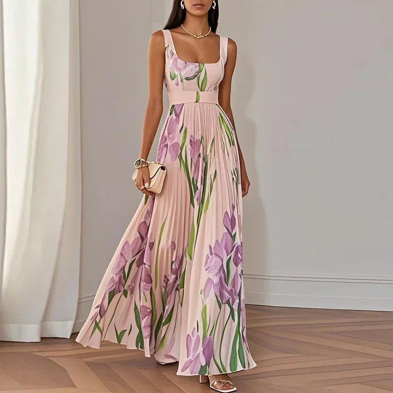 Floral Pleated Square Neck Sleeveless A-Line Maxi Dress Wedding Guest