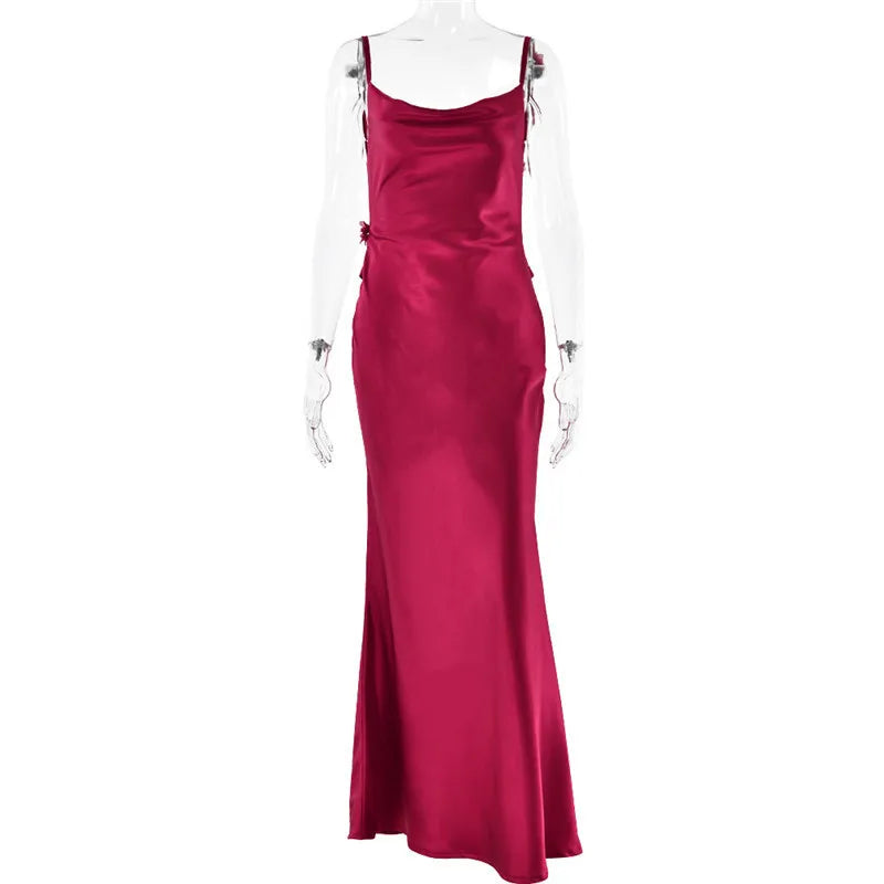 3D Flower Draped Open Back Maxi Dress