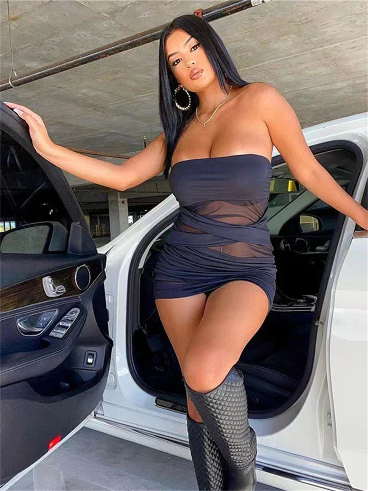 Strapless Sheer Mesh Panel Ruched Bodycon Tube Mini Dress 4