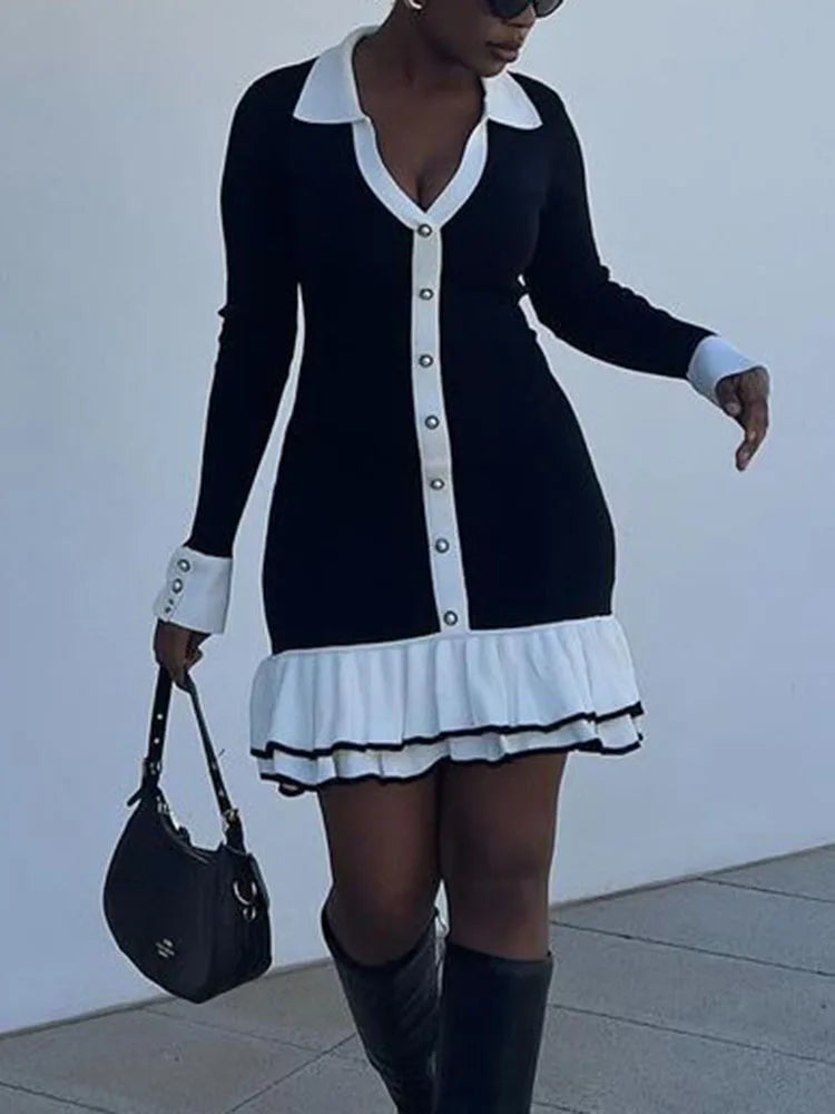 Contrast Collar Button Front Long Sleeve Ruffle Hem Knit Mini Dress 8