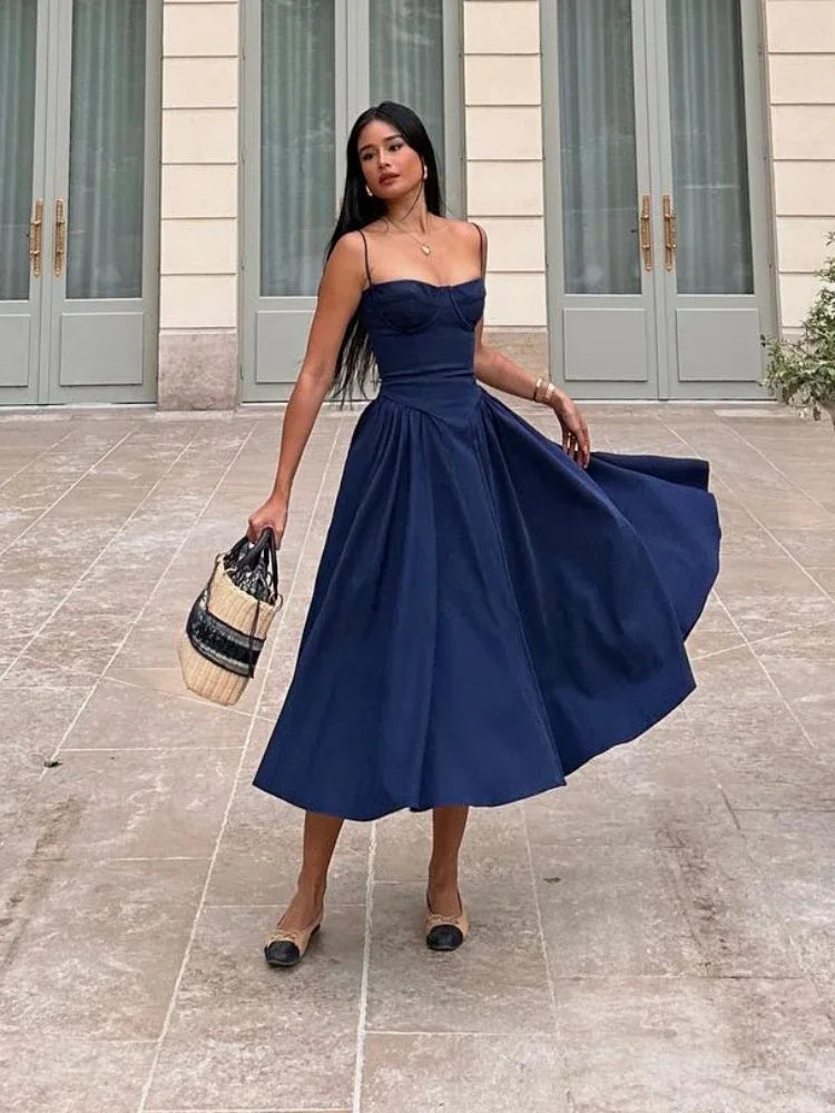 Spaghetti Strap Slim ALine Midi Dress