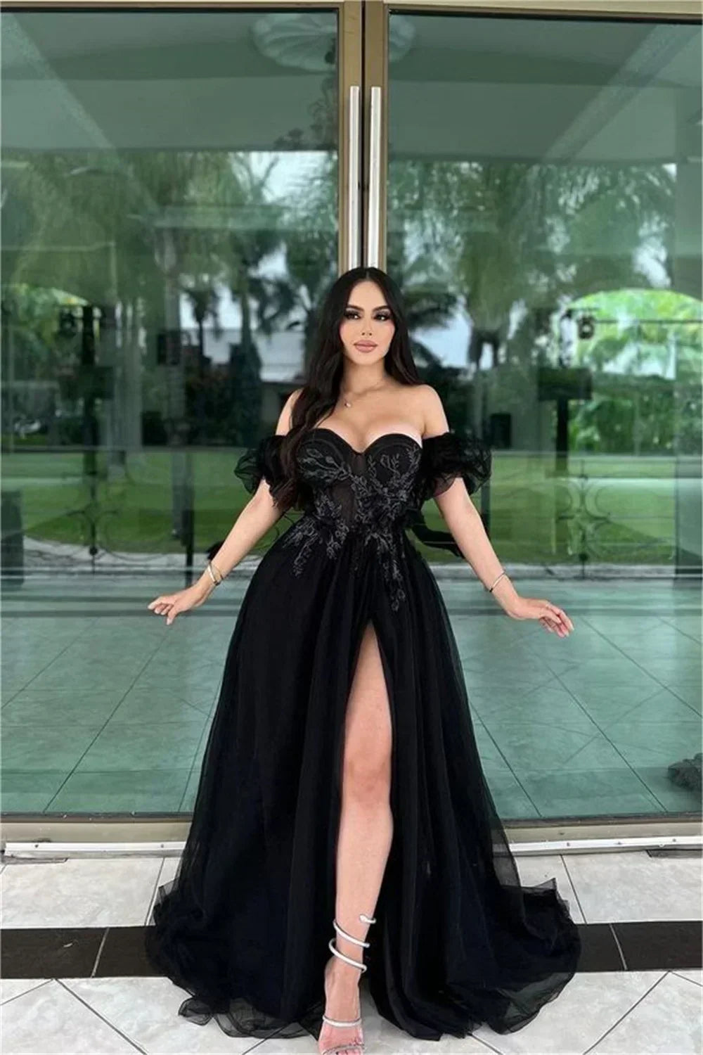 Tulle Off Shoulder Sweetheart Lace Applique High Split A-Line Gown