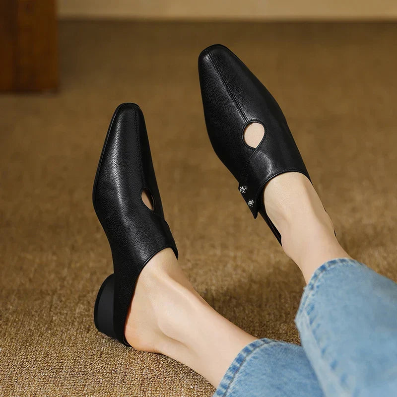 Square Toe Cut Out Block Heel Mules