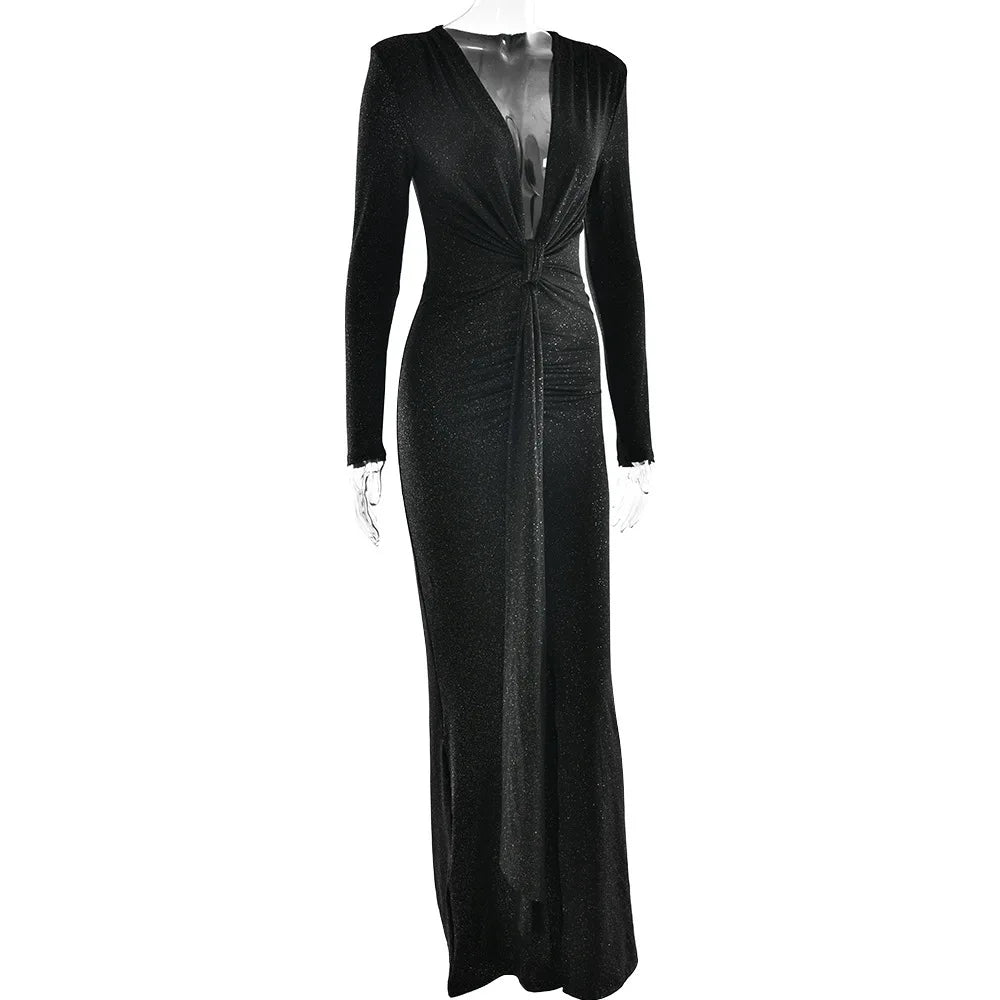 Elastic Deep V - Fold Lace Maxi Dress