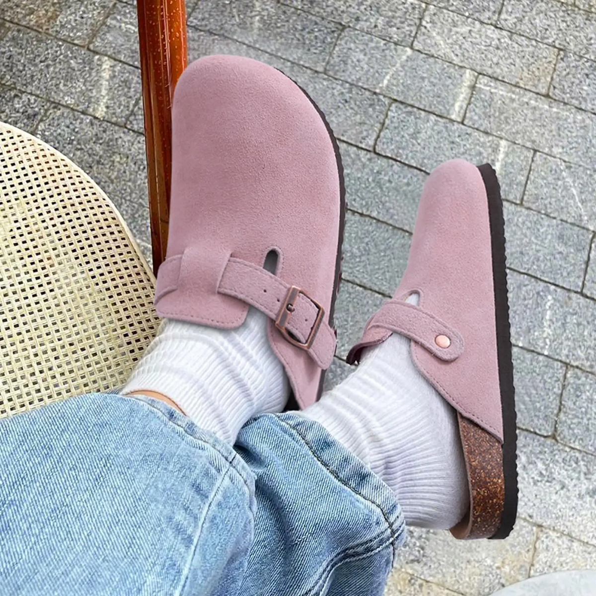 Round Toe Buckle Strap Suede Look Clog Mules