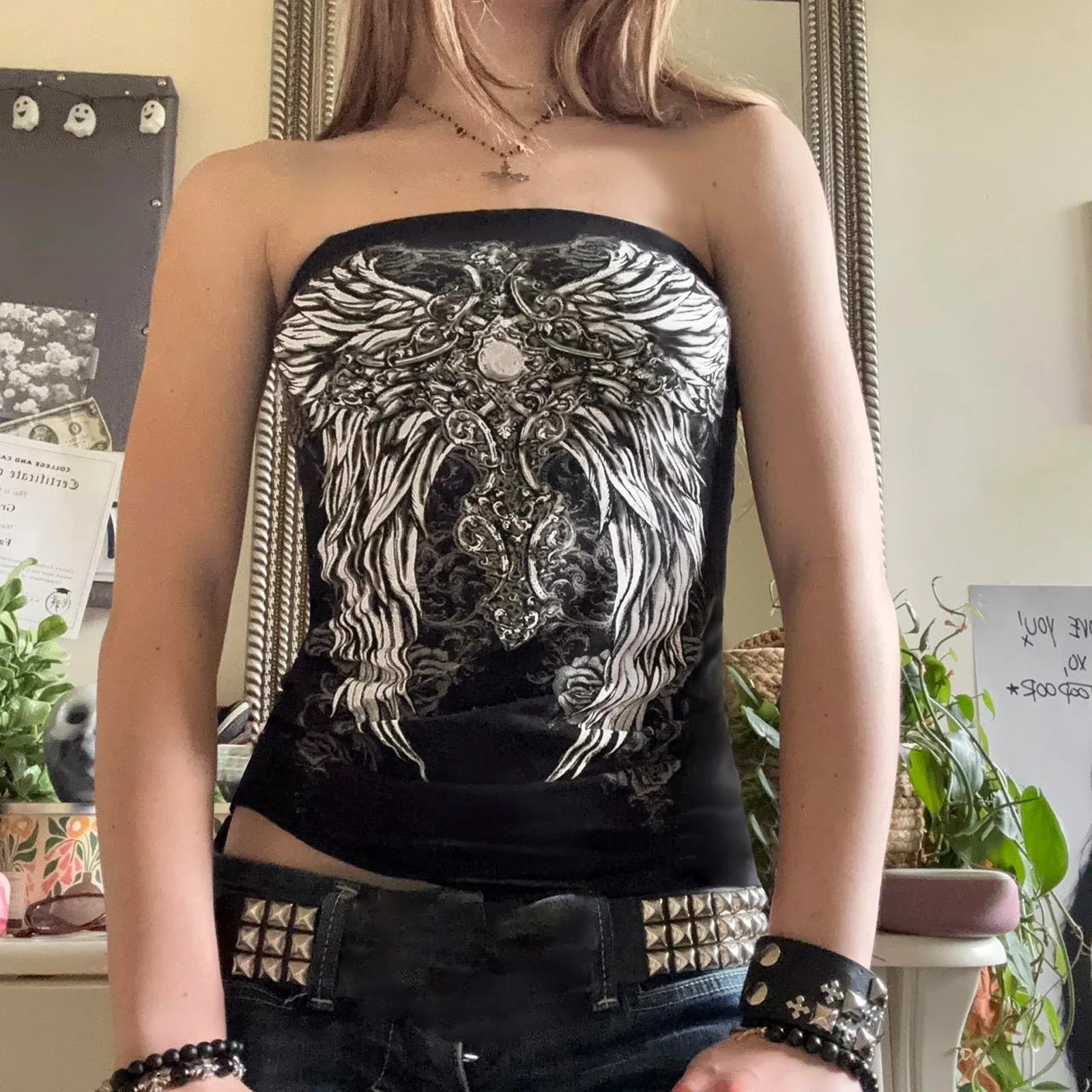 Gothic Wing Print Slim Fit Strapless