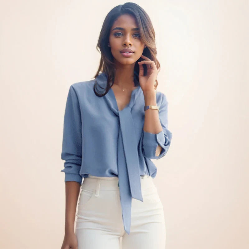 Casual Long Sleeve Bow Tie Fashion V-neck Chiffon Blouse