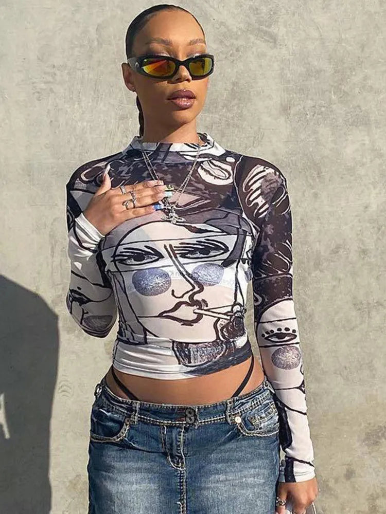Graphic Print Mesh Long Sleeve Sheer Top