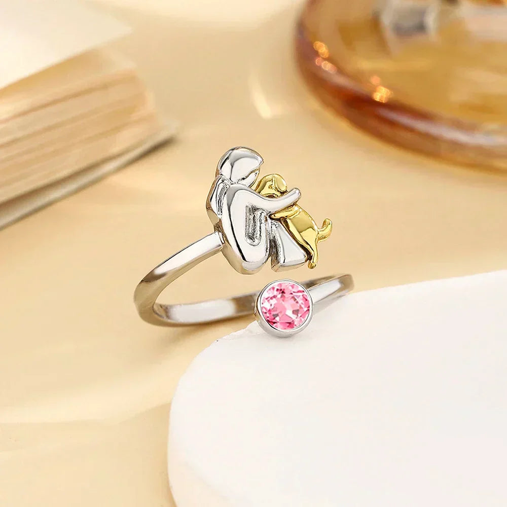Two Tone Dog Hug Cubic Zirconia Open Adjustable Ring