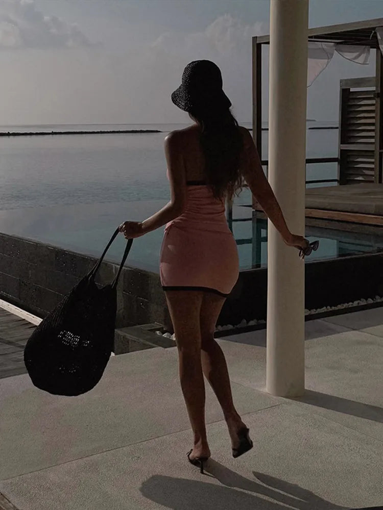 Sexy Knit Mini Dress Women Strapless Sleeveless Backless With Belt Slim Hip Package Dresses Female 2025 Spring Summer Lady Robe