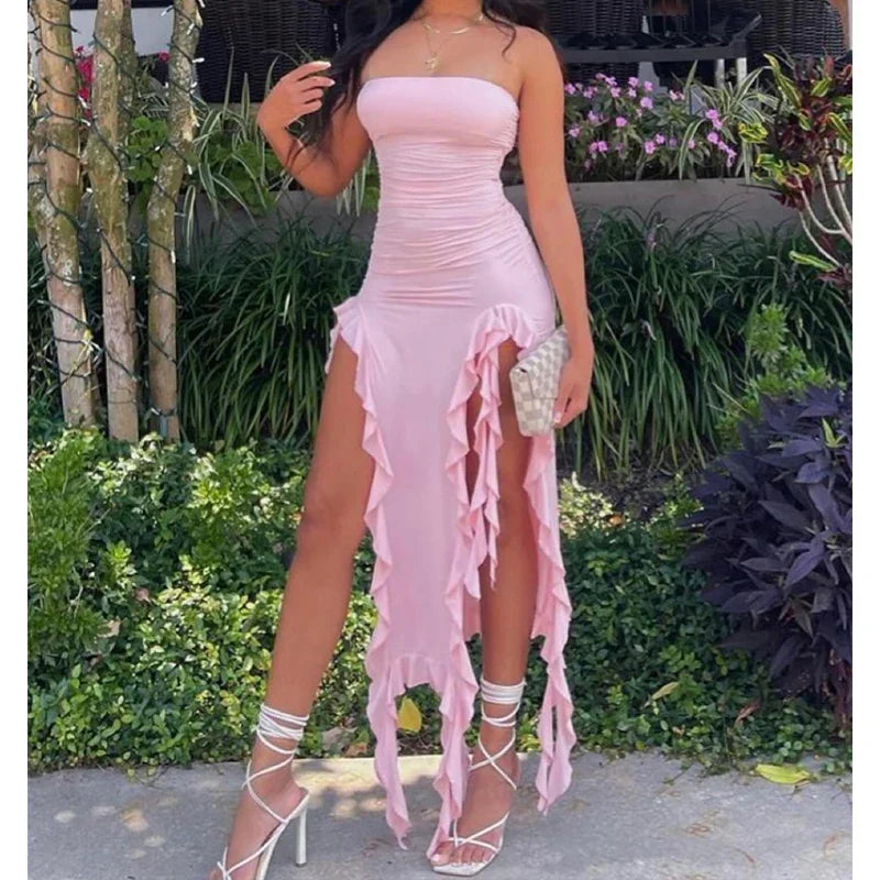 Floral Fold Hem Slit Strapless Mini Dress