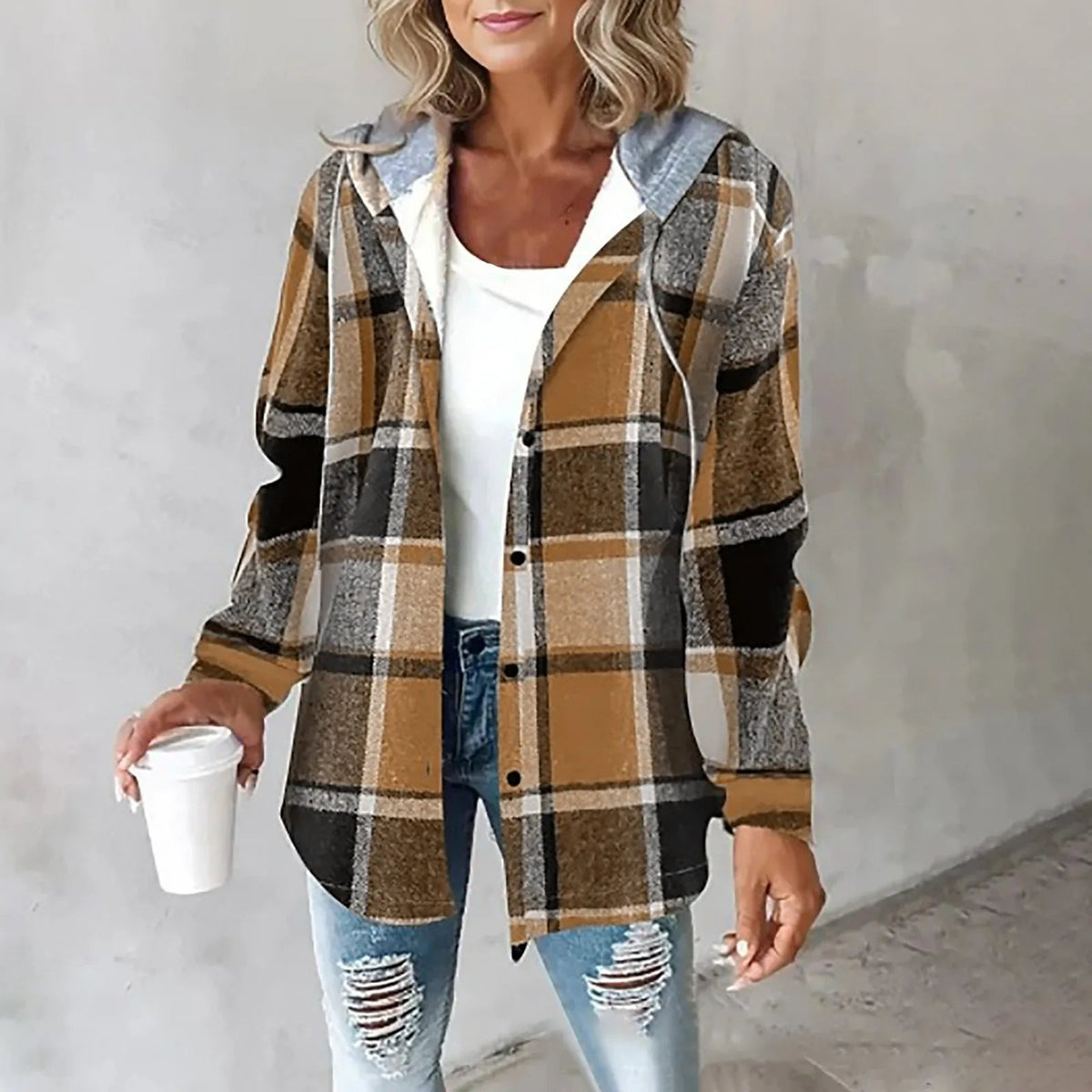 Plaid Hooded Button Front Brushed Shirt Jacket