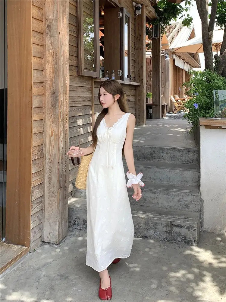 Eyelet V-Neck Lace Trim Slip Midi Dress Summer 11
