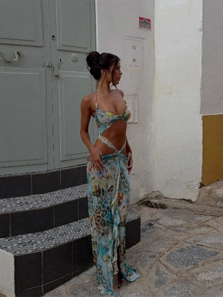 Cut Out Lace Up Halter Floral Dress