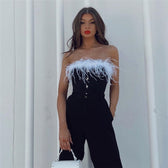 Party - Cami Corset Shoulder Feather Sleeveless Off Women's Blouse Crop Tee - Top Club Tank Top White/Black Sexy