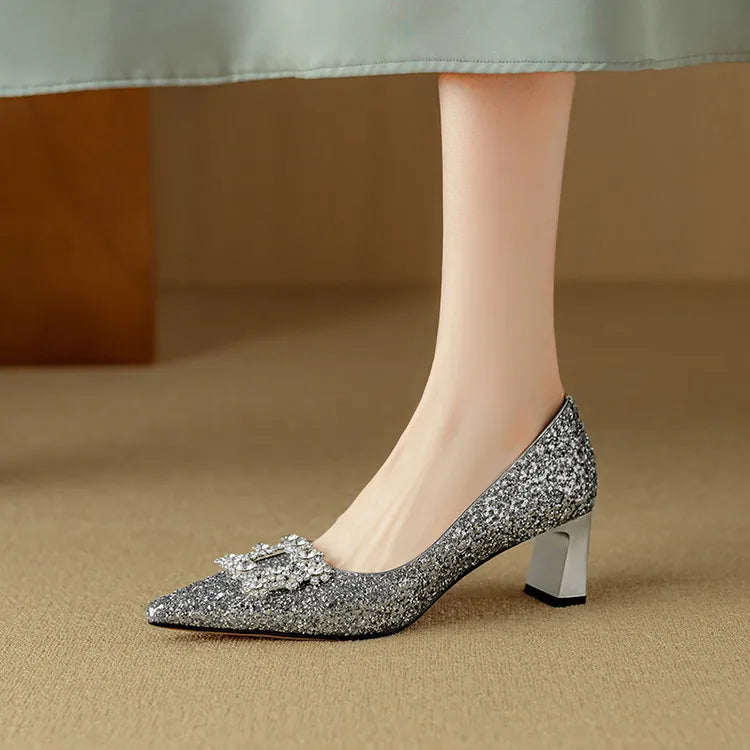 Pointed Toe Glitter Rhinestone Buckle Block Heel Pumps