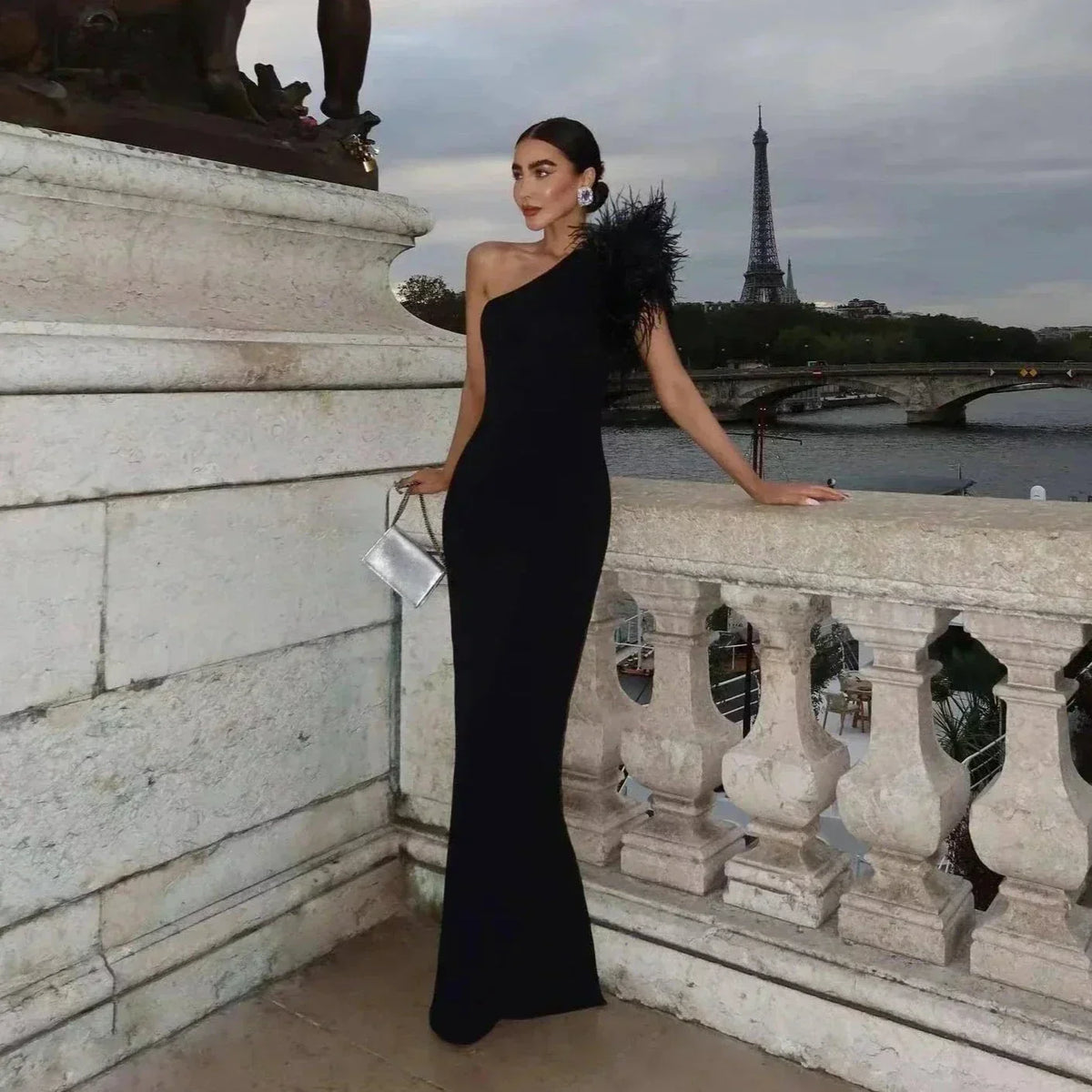 One Shoulder Feather Trim Bodycon Mermaid Maxi Gown 6