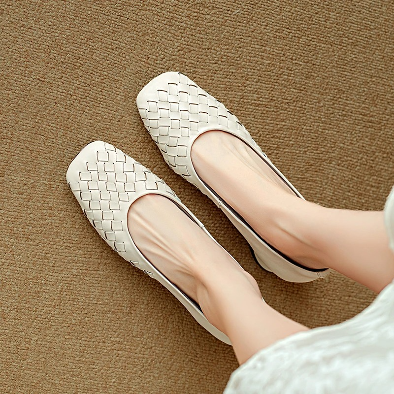 Woven Square Toe Low Heel Ballet Flats