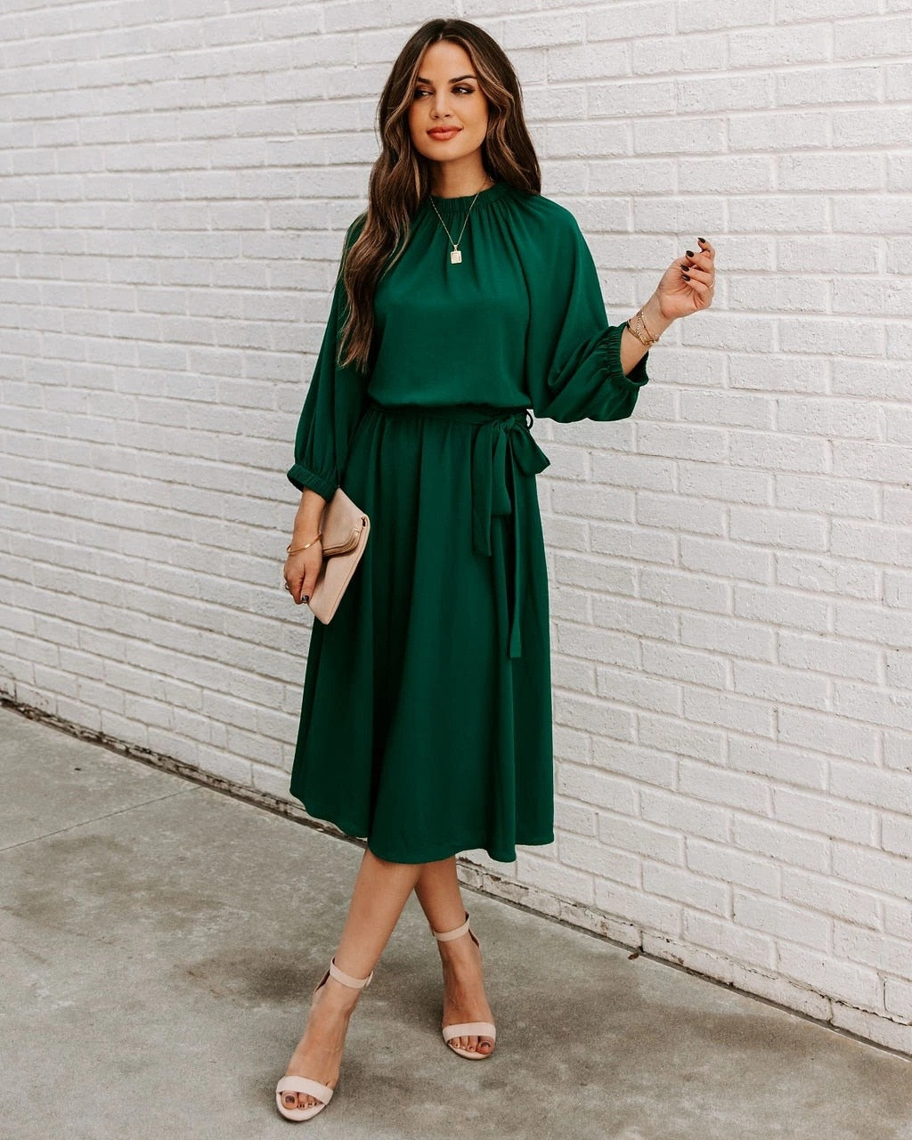 Mock Neck Long Sleeve Belted A-Line Midi Dress
