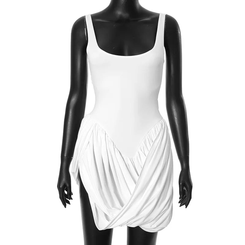 Mesh Panel Bubble Hem Low Cut Backless Split Slip Dress - View 5