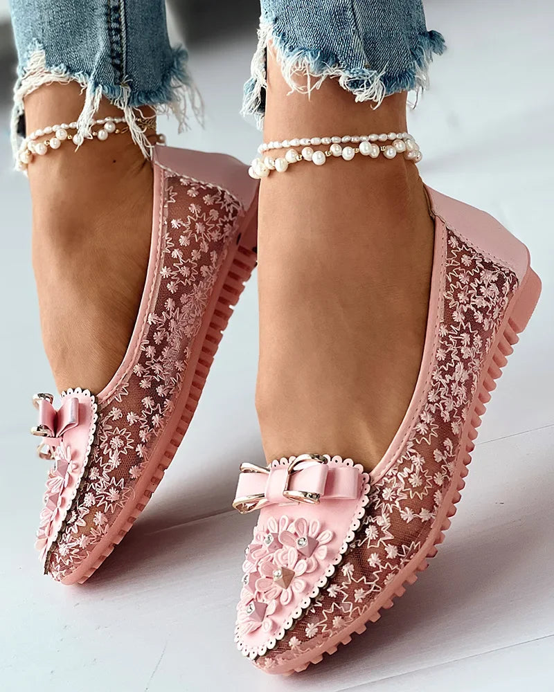 Floral Applique Bow Mesh Slip On Loafer Flats