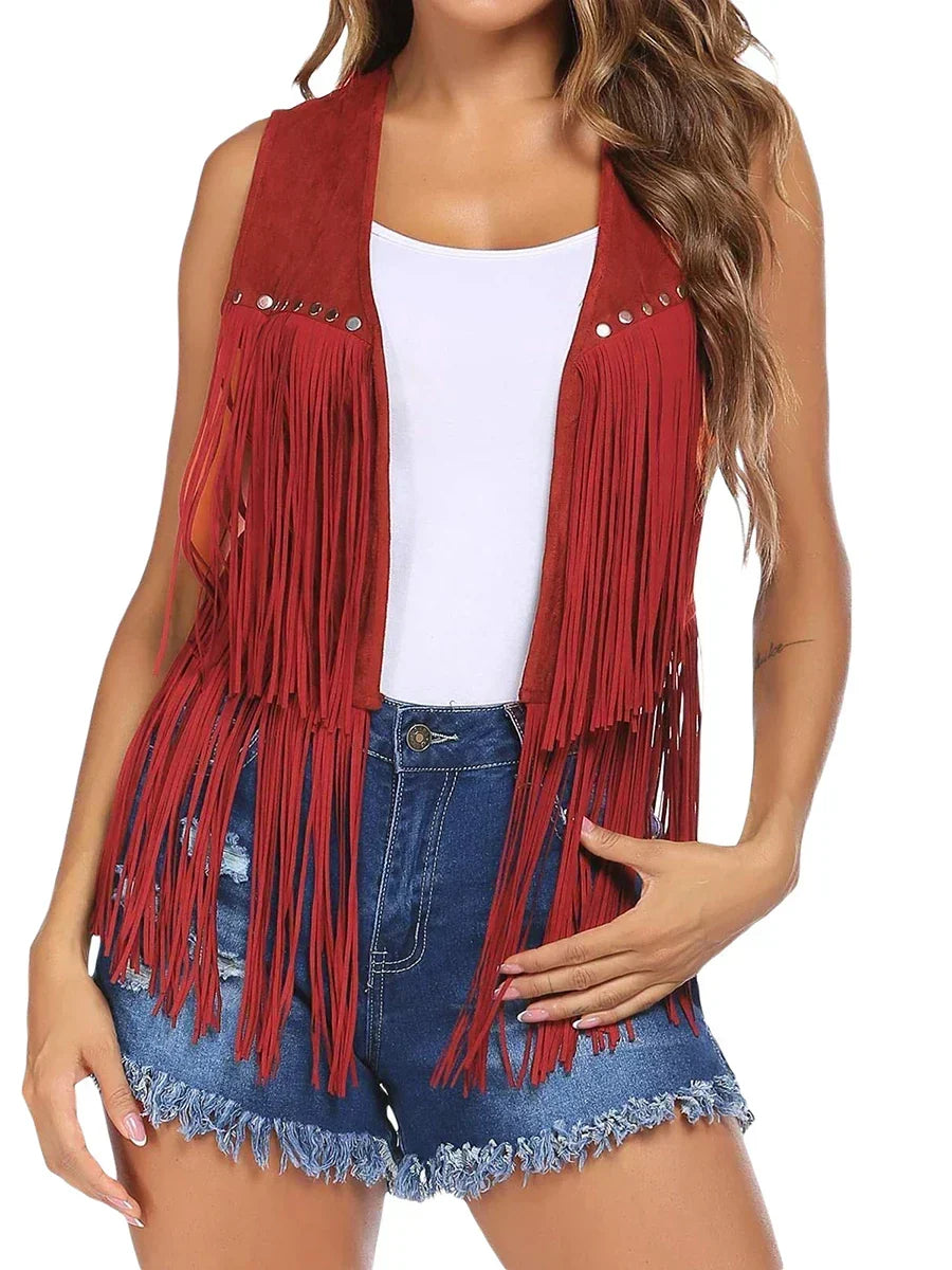 Fringe Suede Look Open Front Vest