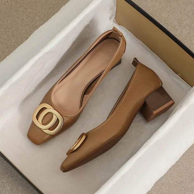 Square Toe Buckle Croc Texture Block Heel Pumps
