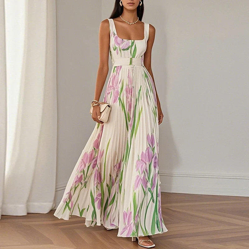 Floral Square Neck Sleeveless Pleated A-Line Maxi Dress