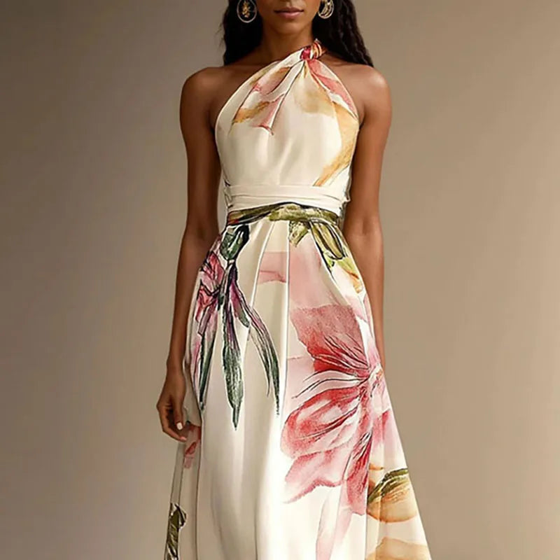 Floral Halter Neck Belted A-Line Maxi Dress 2