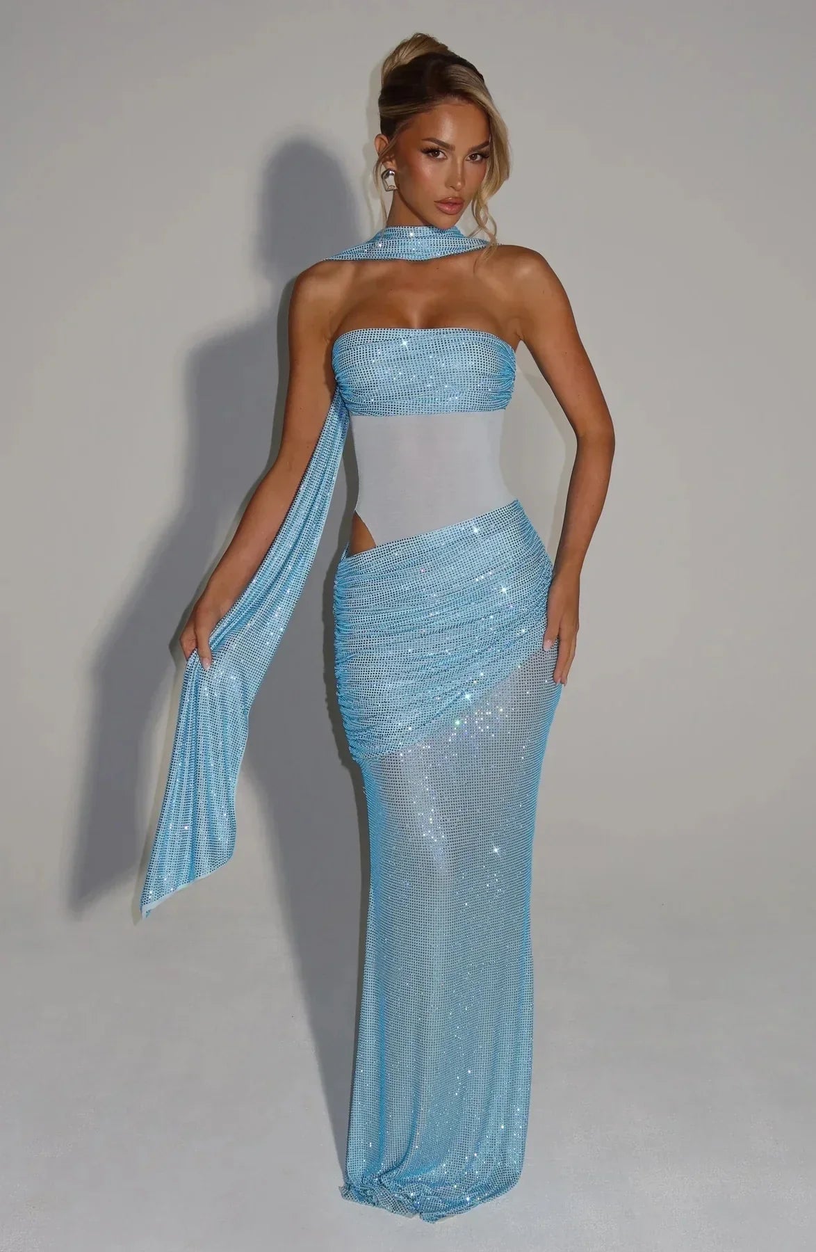 NADIA CRYSTAL MESH DRESS Blue