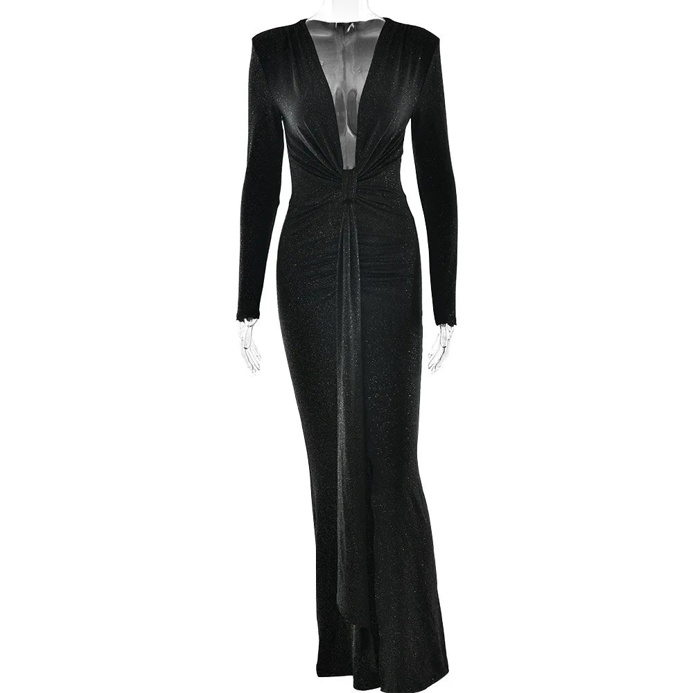 Glitter Deep V-Neck Long Sleeve Twist Front Ruched Maxi Dress 32