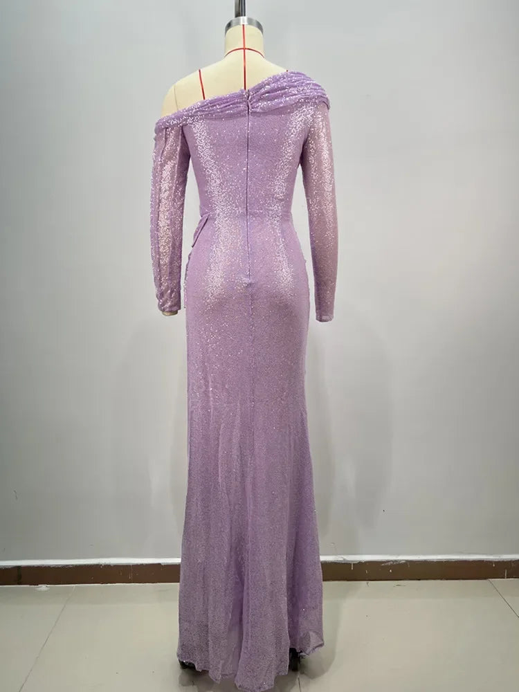 Off Shoulder Deep V-Neck Long Sleeve Beaded Ruched High Split Gown 5