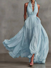 Halter Neck Deep V-Neck Ruffle Chiffon Maxi Dress 5