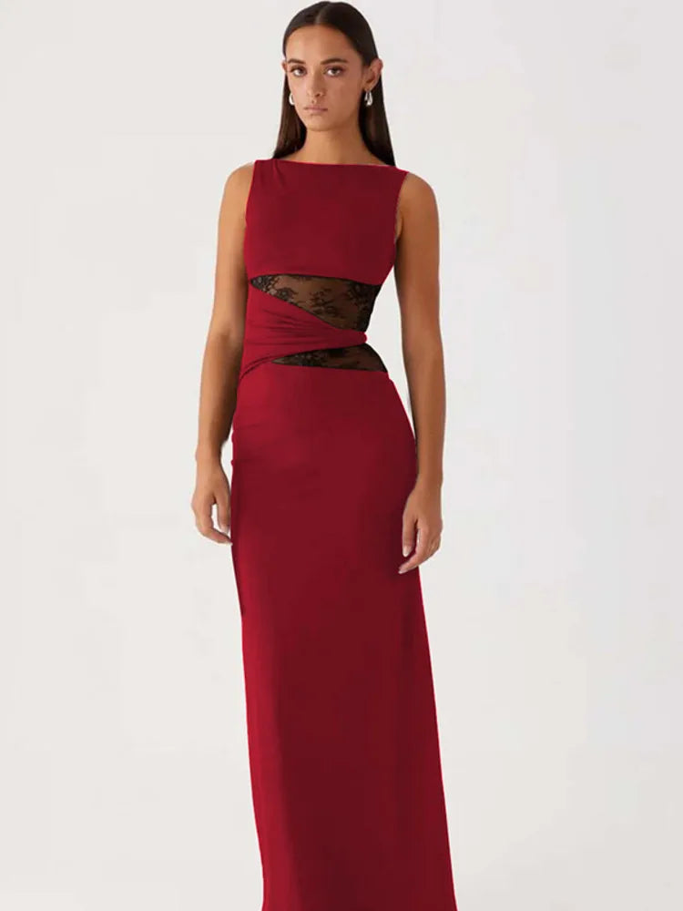 Asymmetric Neck Cap Sleeve Lace Waist Panel Bodycon Maxi Dress 3