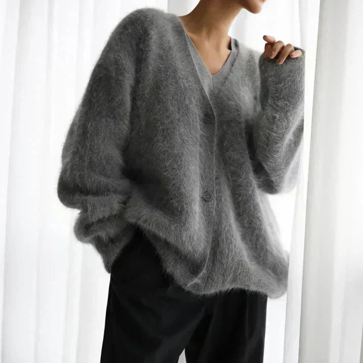 V-Neck Button Front Fuzzy Knit Oversized Cardigan
