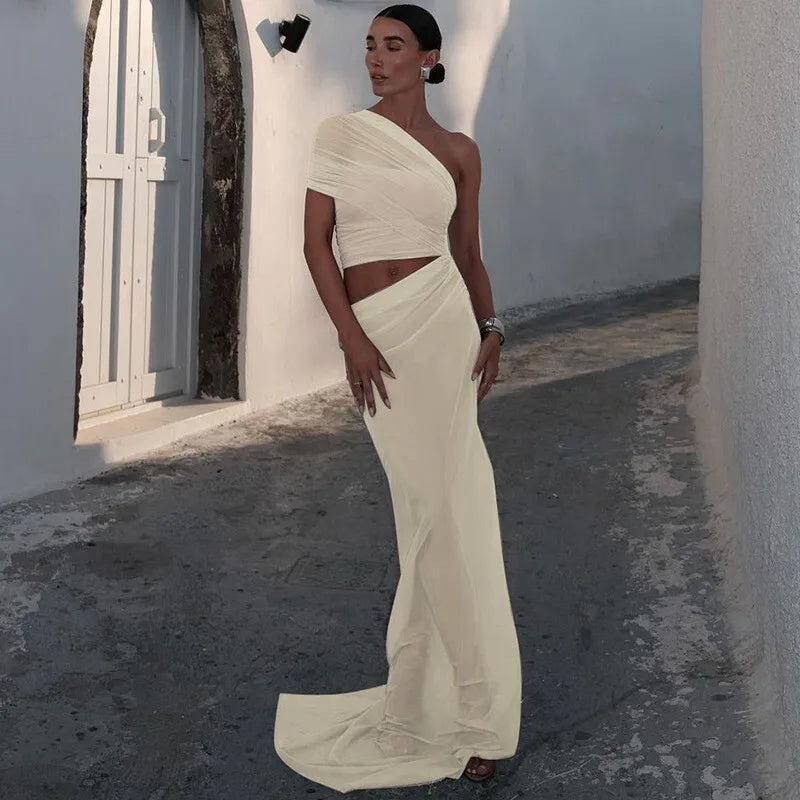 One Shoulder Ruched Mesh Cut Out High Split Maxi Dress 5